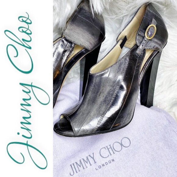 JIMMY CHOO Keira Gray Eel Skin Heeled Bootie, Size 36.5 - Picture 7 of 8